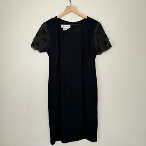 Maggy London Womens Black Flower Sheath Dress Embroidered Short Sleeve Size 8